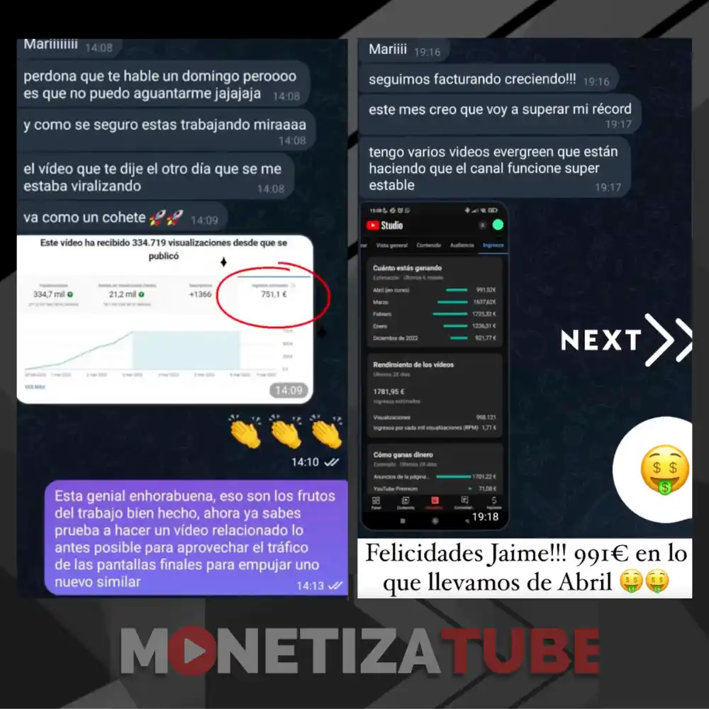 Ejemplos de casos de éxito del Curso MonetizaTube de Mari Fuentes